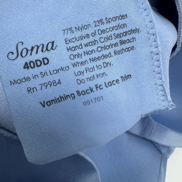 Soma Vanishing Back Full Coverage Lace Trim Bra Blue Size 40DD - Picture 3 of 3